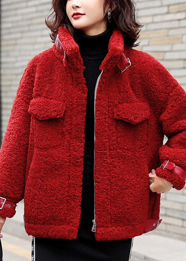 Loose Red Zippered Solid Patchwork Teddy Faux Fur Coat Winter