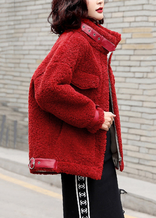 Loose Red Zippered Solid Patchwork Teddy Faux Fur Coat Winter