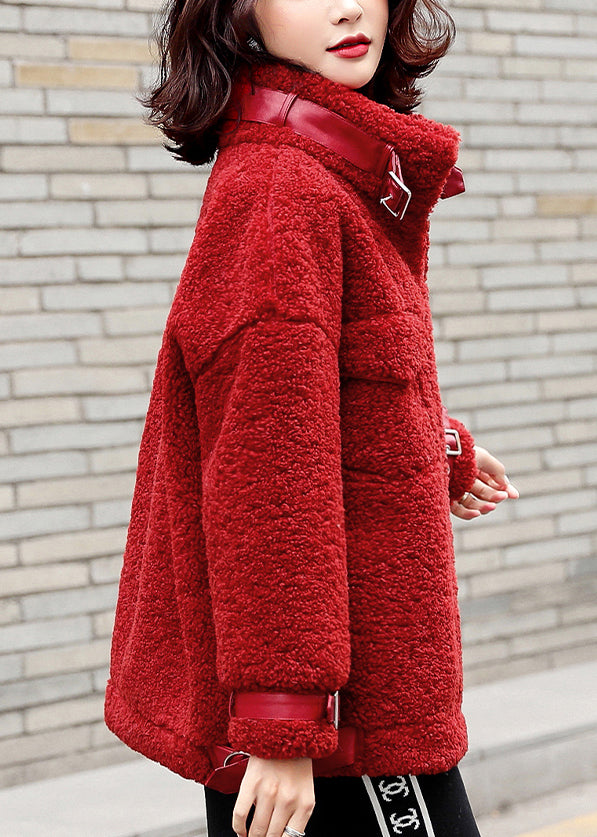 Loose Red Zippered Solid Patchwork Teddy Faux Fur Coat Winter