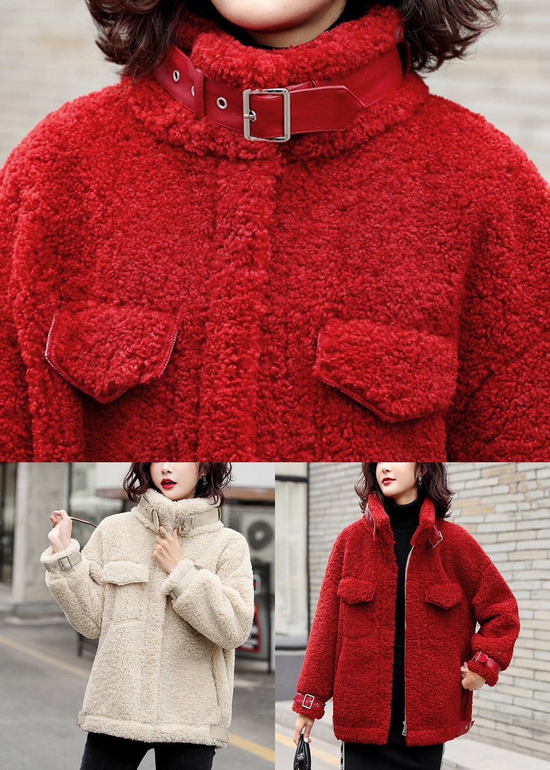 Loose Red Zippered Solid Patchwork Teddy Faux Fur Coat Winter