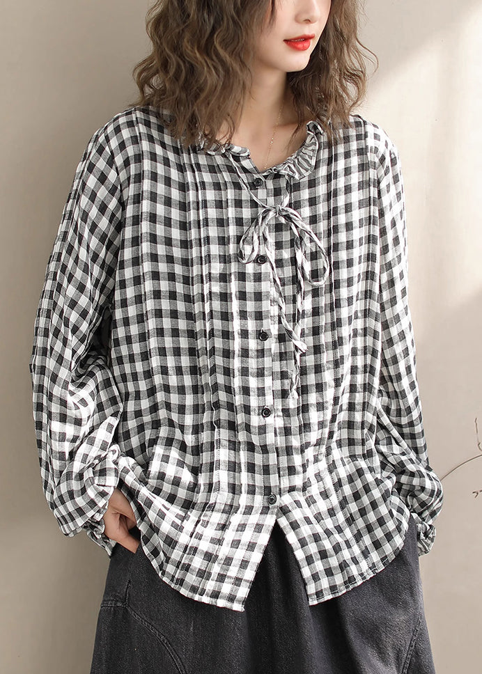 Loose Ruffled Plaid Lace Up Cotton Shirts Top Spring