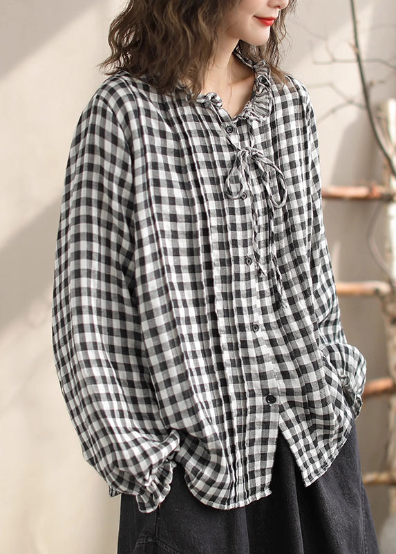 Loose Ruffled Plaid Lace Up Cotton Shirts Top Spring