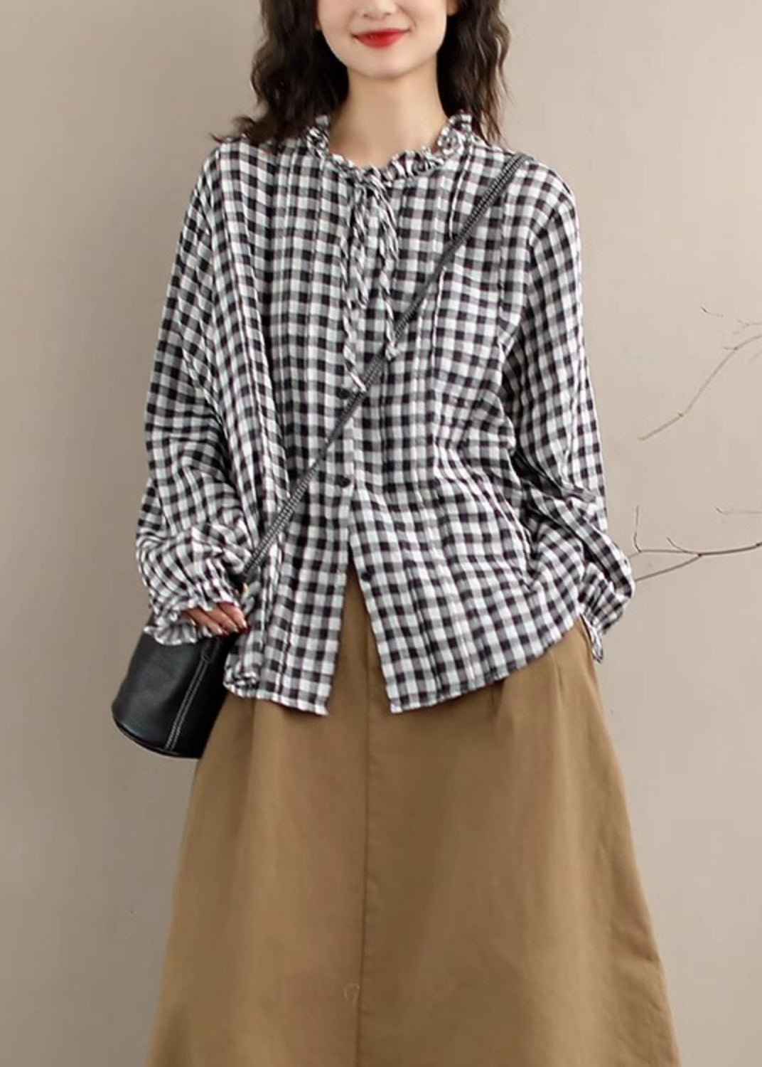 Loose Ruffled Plaid Lace Up Cotton Shirts Top Spring