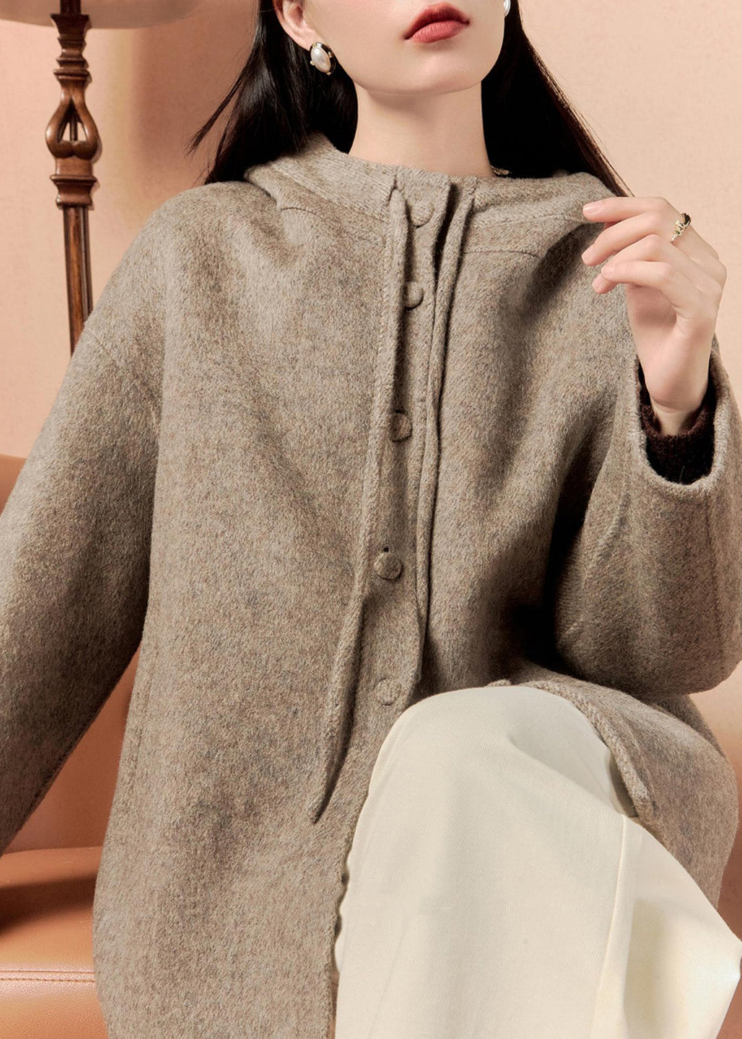 Loose Smoky Gray Hooded Button Pockets Woolen Coat Winter