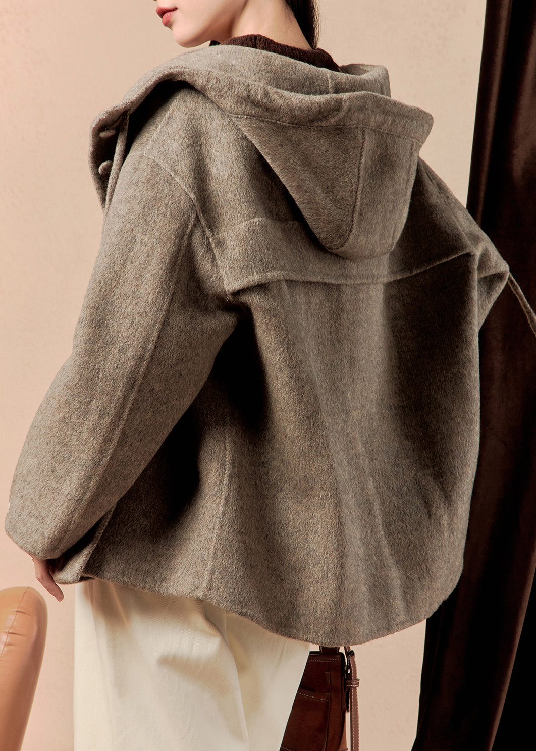 Loose Smoky Gray Hooded Button Pockets Woolen Coat Winter