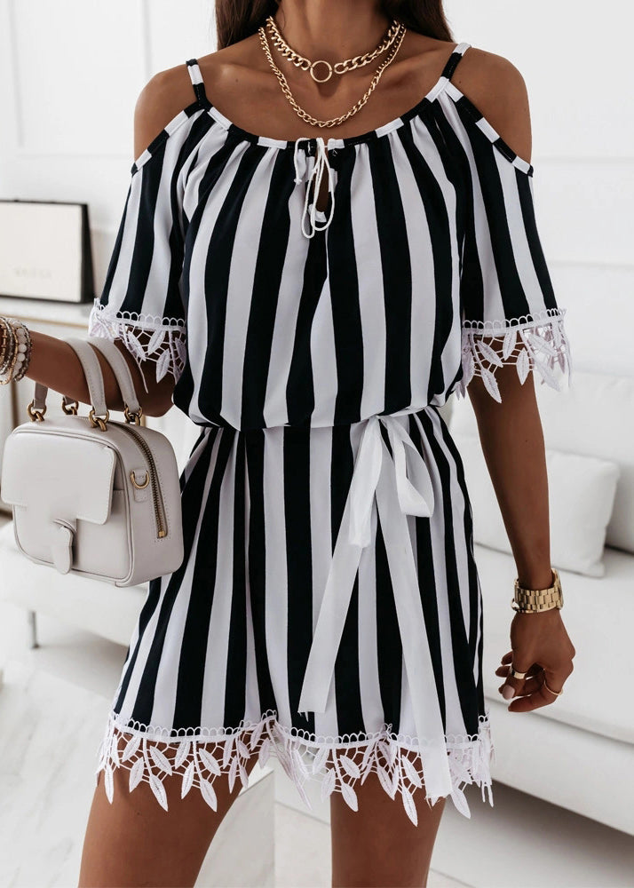 Loose Striped Lace Up Cotton Mid Dress Summer