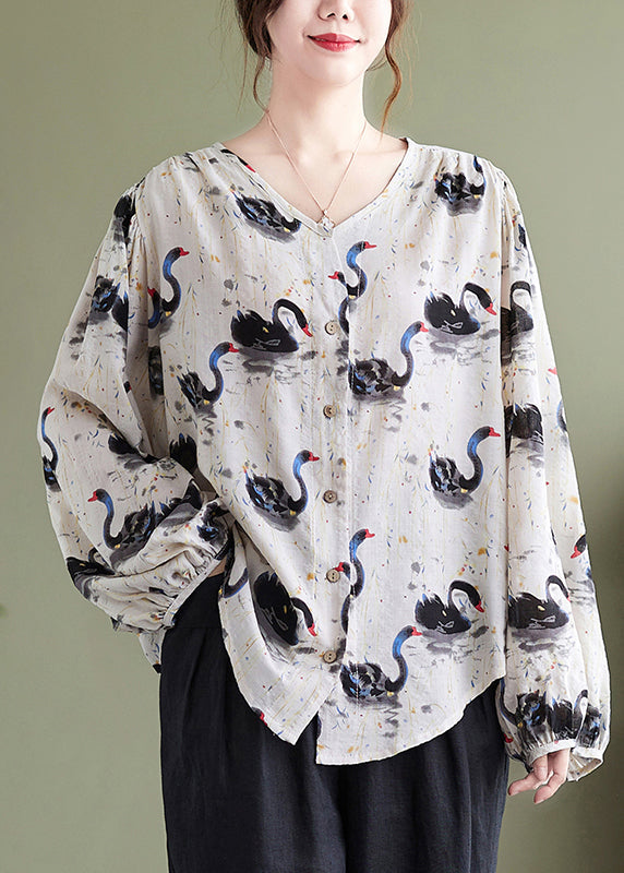 Loose V Neck Print Cotton Shirt Top Lantern Sleeve