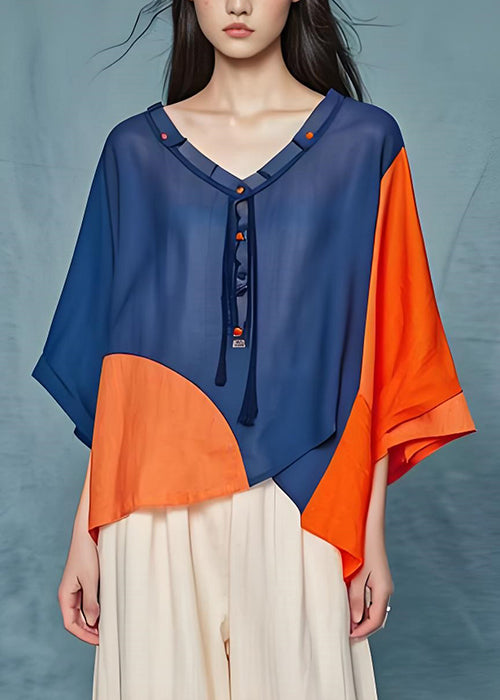 Loose V Neck Tasseled Asymmetrical Patchwork Cotton Top Summer