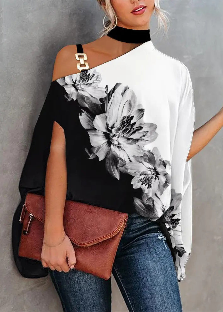 Loose White Asymmetrical Print Cotton Blouses Summer