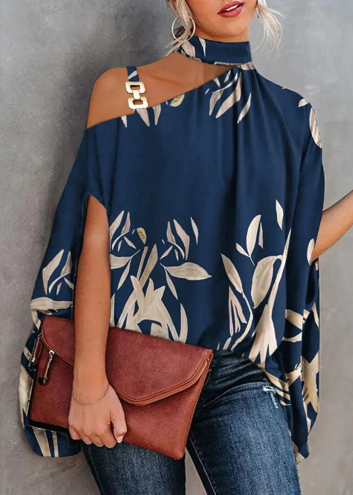 Loose White Asymmetrical Print Cotton Blouses Summer