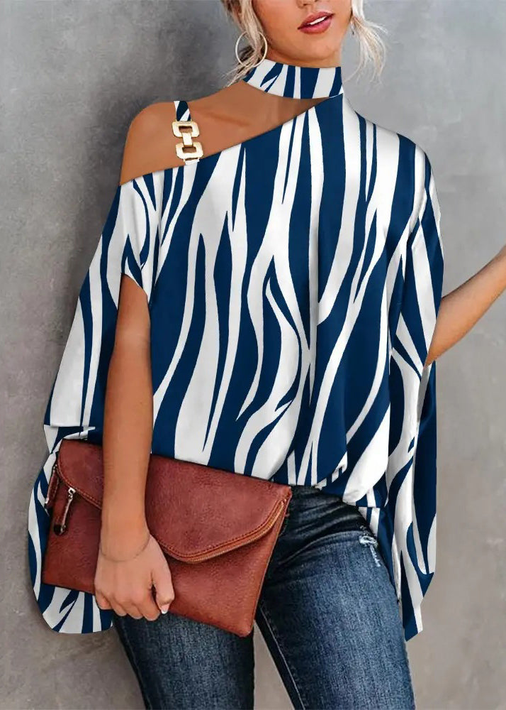 Loose White Asymmetrical Print Cotton Blouses Summer