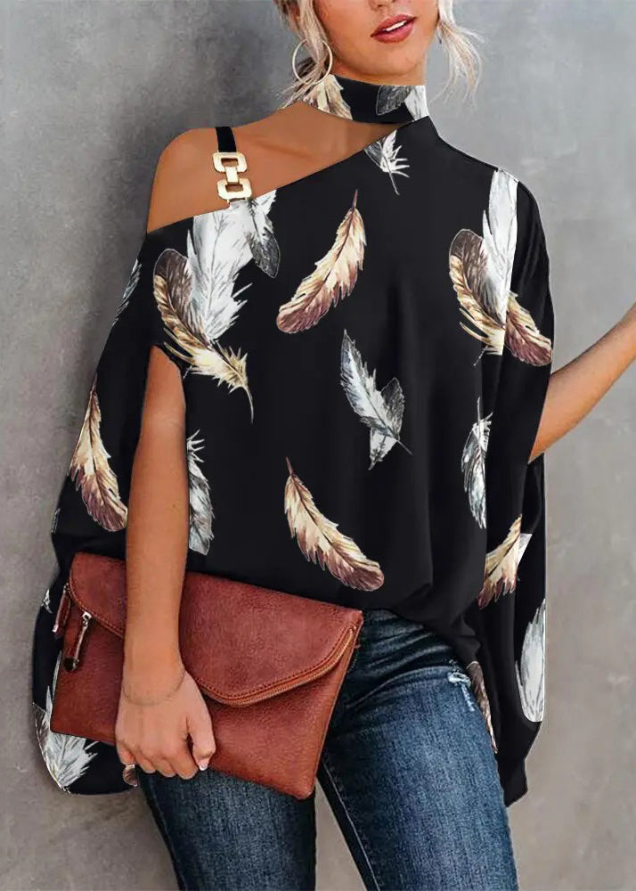 Loose White Asymmetrical Print Cotton Blouses Summer