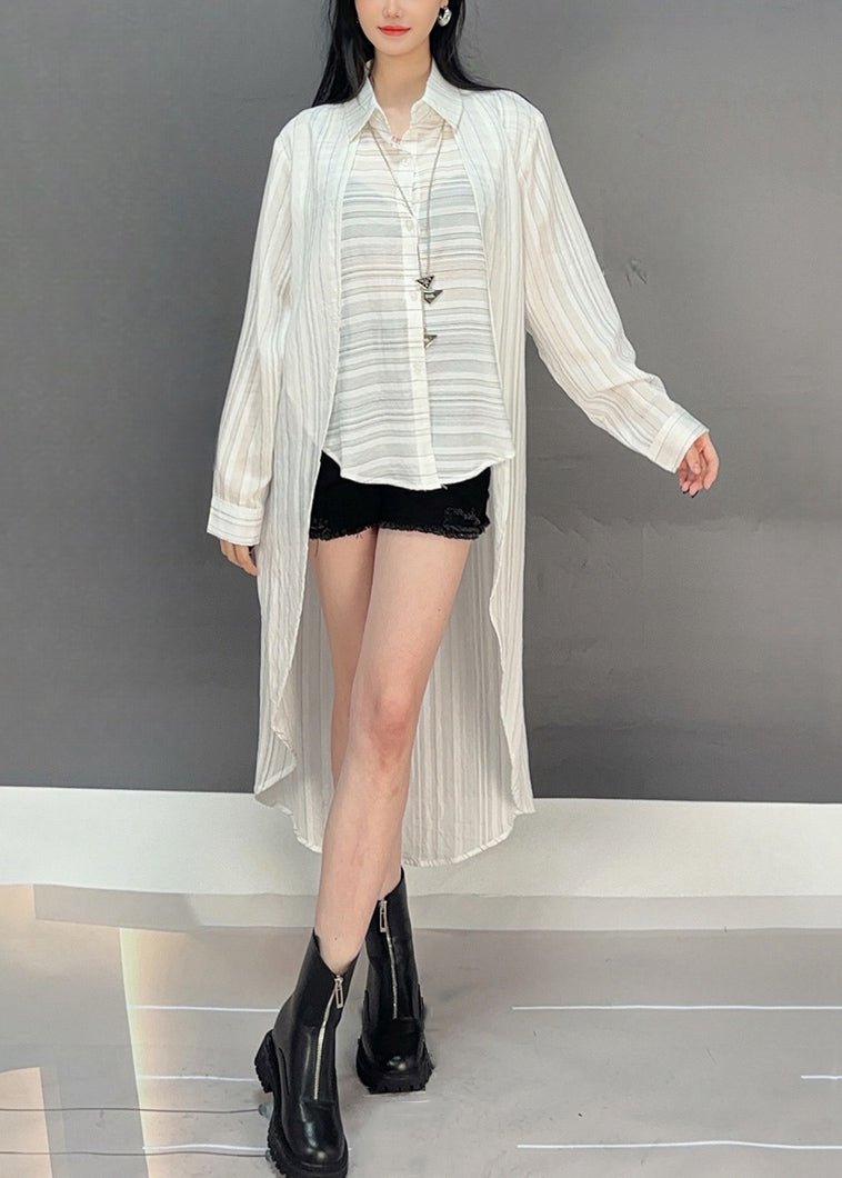 Loose White Asymmetrical Striped Button Cotton Shirt Fall