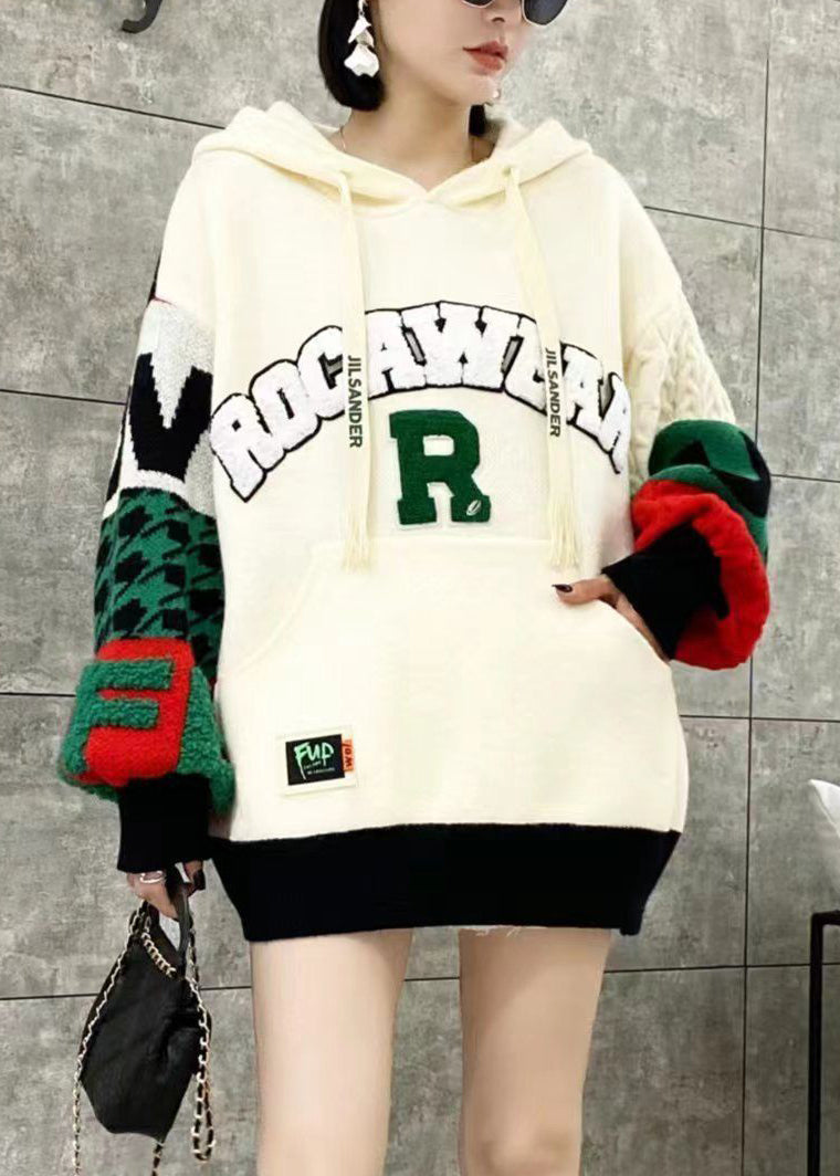 Loose White Hooded Patchwork Knit Sweater Tops Spring