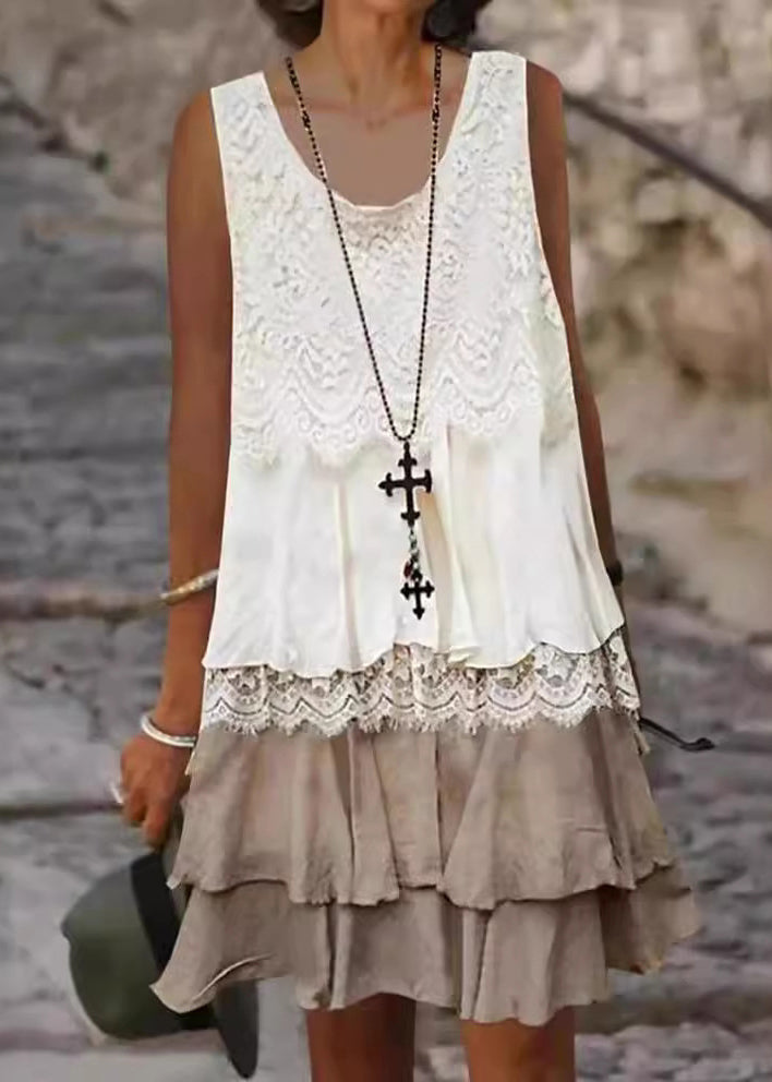 Loose White O-Neck Lace Patchwork Mid Dress Sleeveless