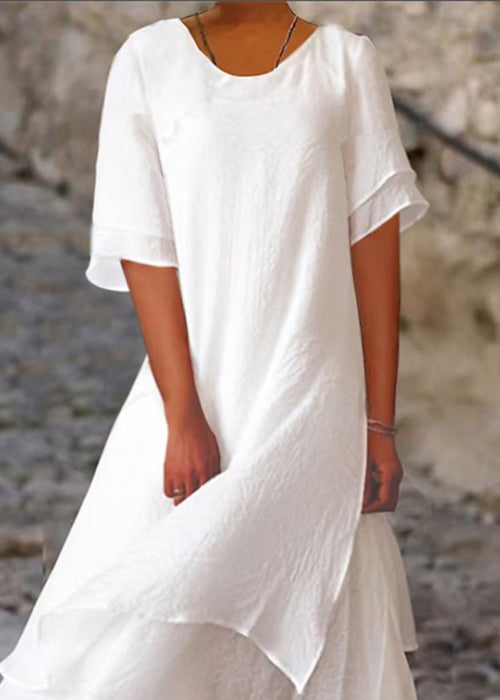 Loose White O Neck Side Open Cotton Dresses Short Sleeve