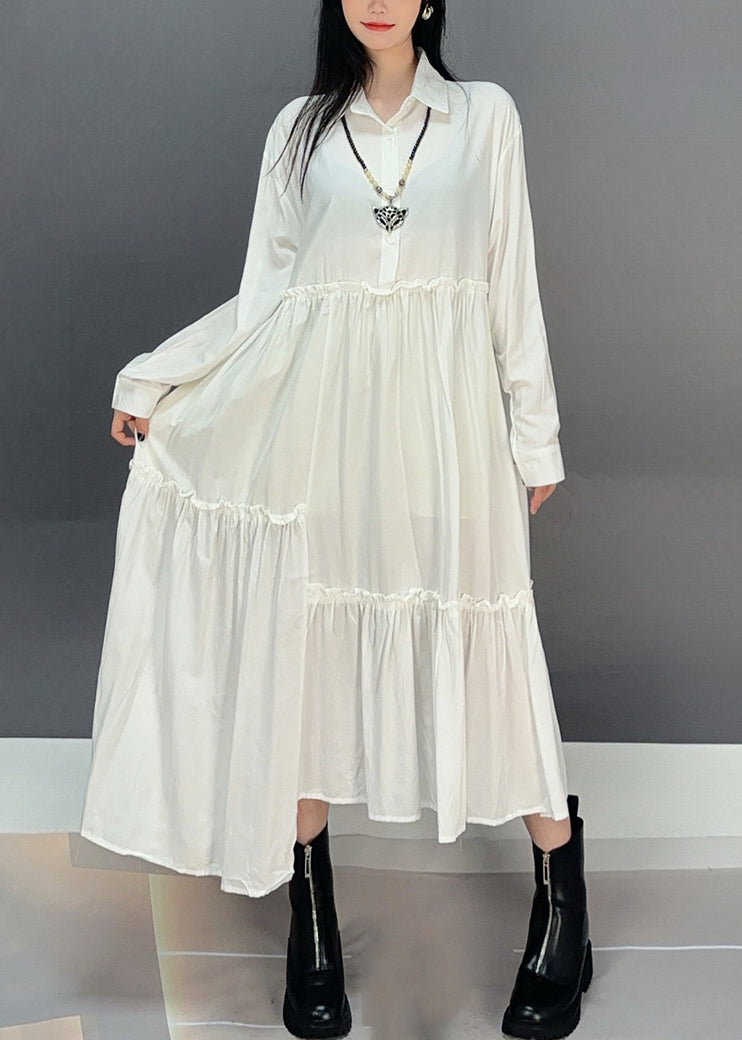 Loose White Peter Pan Collar Ruffled Cotton Dress Fall