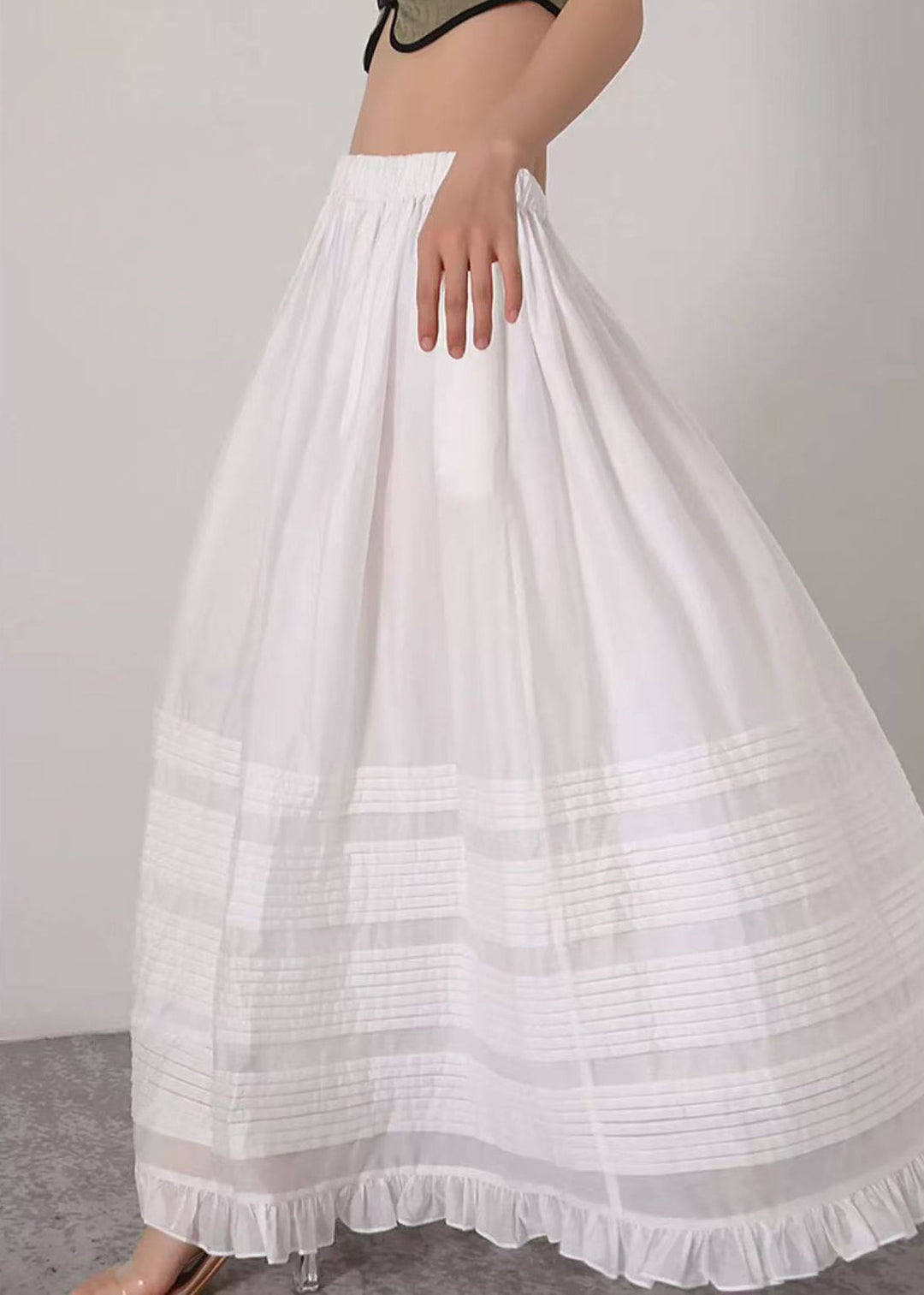 Loose White Ruffled Elastic Waist Silk Cotton Skirts Summer