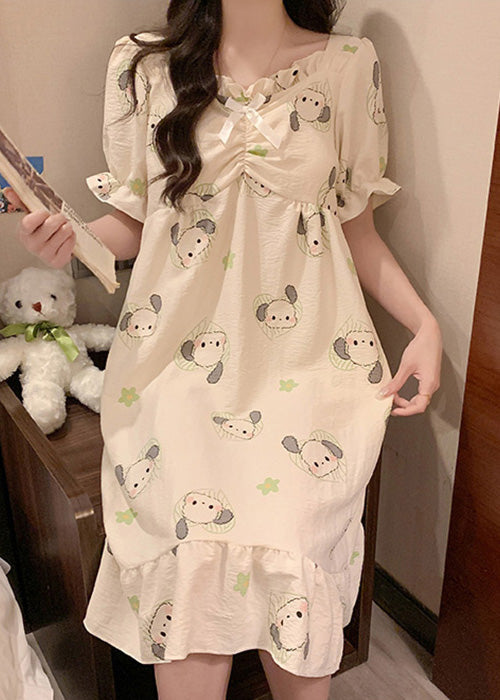 Loose White Ruffled Print Cotton Pajamas Long Dress Summer