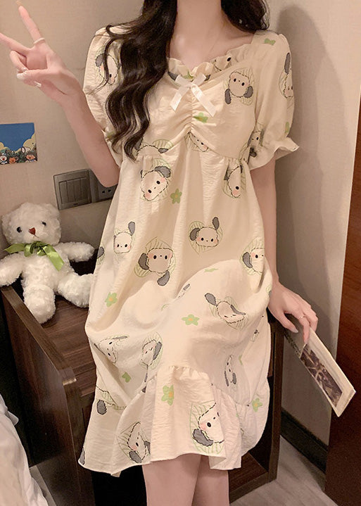 Loose White Ruffled Print Cotton Pajamas Long Dress Summer