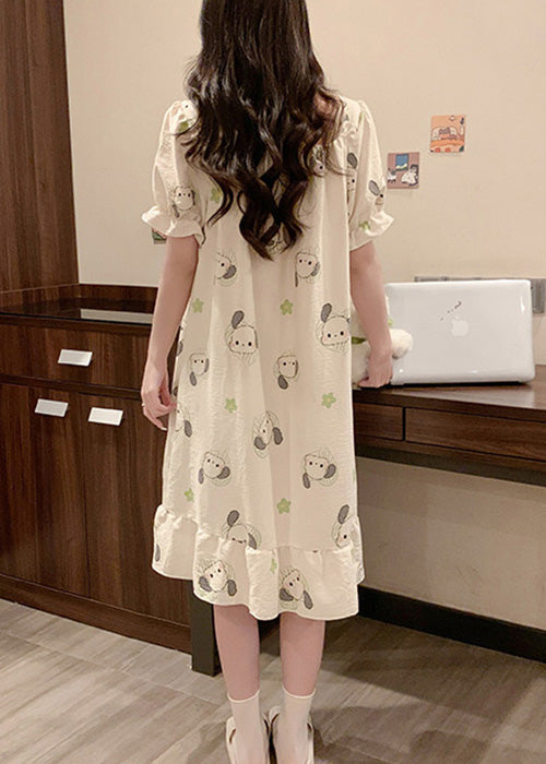 Loose White Ruffled Print Cotton Pajamas Long Dress Summer