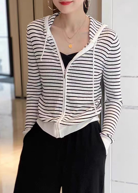 Loose White Zippered Patchwork Striped Wool Knit Hooded Cardigans Fall