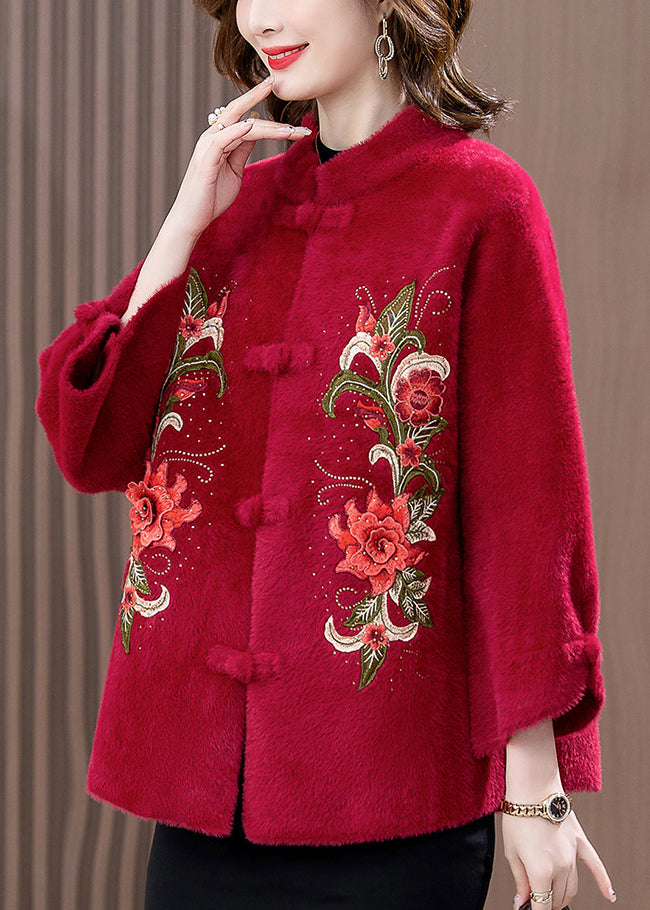 Loose Wine Red Embroidered Button Mink Velvet Coats Spring