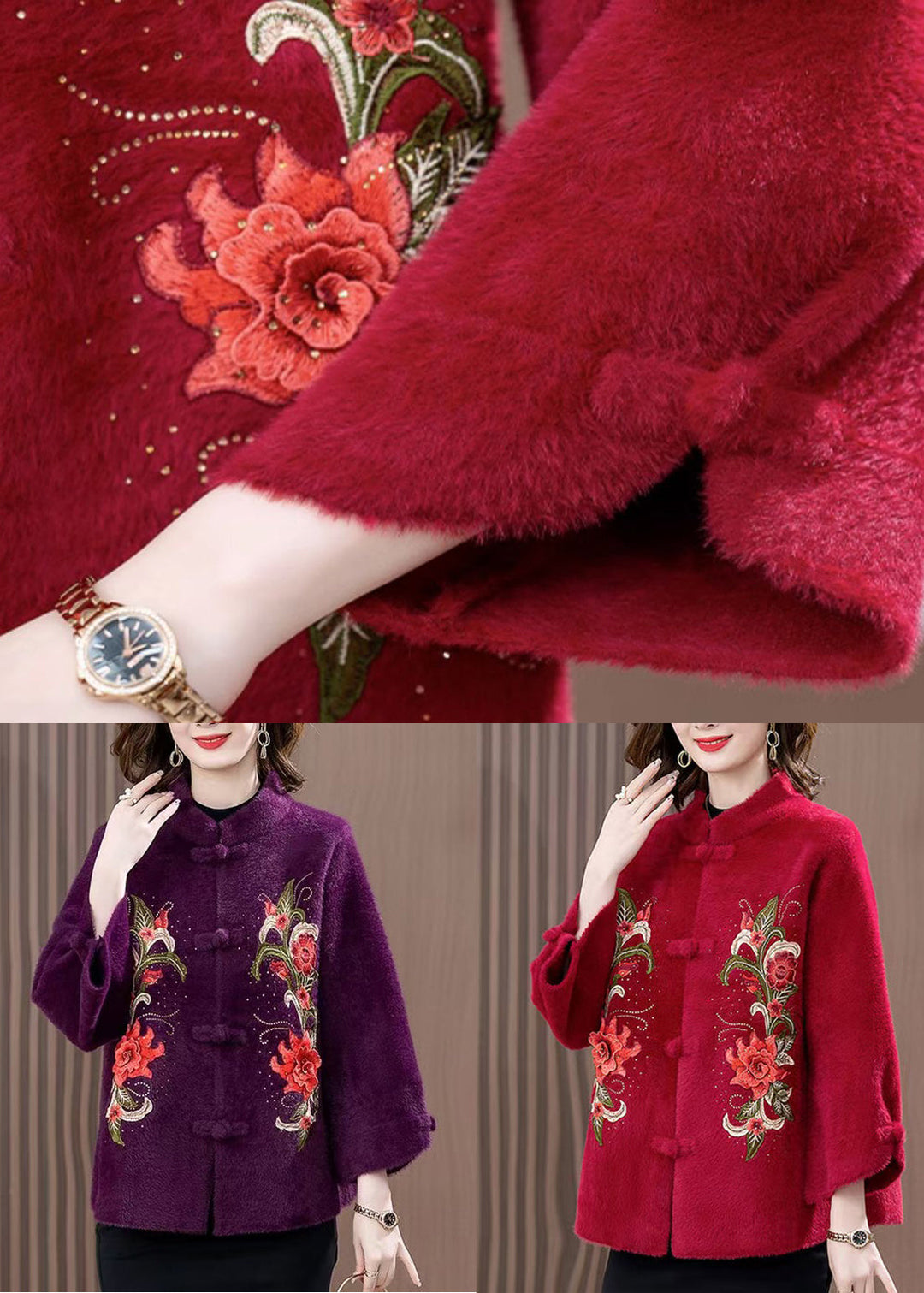 Loose Wine Red Embroidered Button Mink Velvet Coats Spring