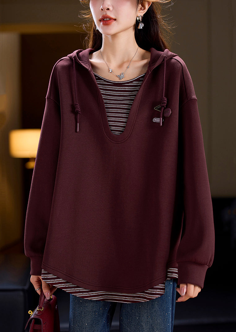 Loose Wine Red Hooded Patchwork Cotton Sweatshirts Spring