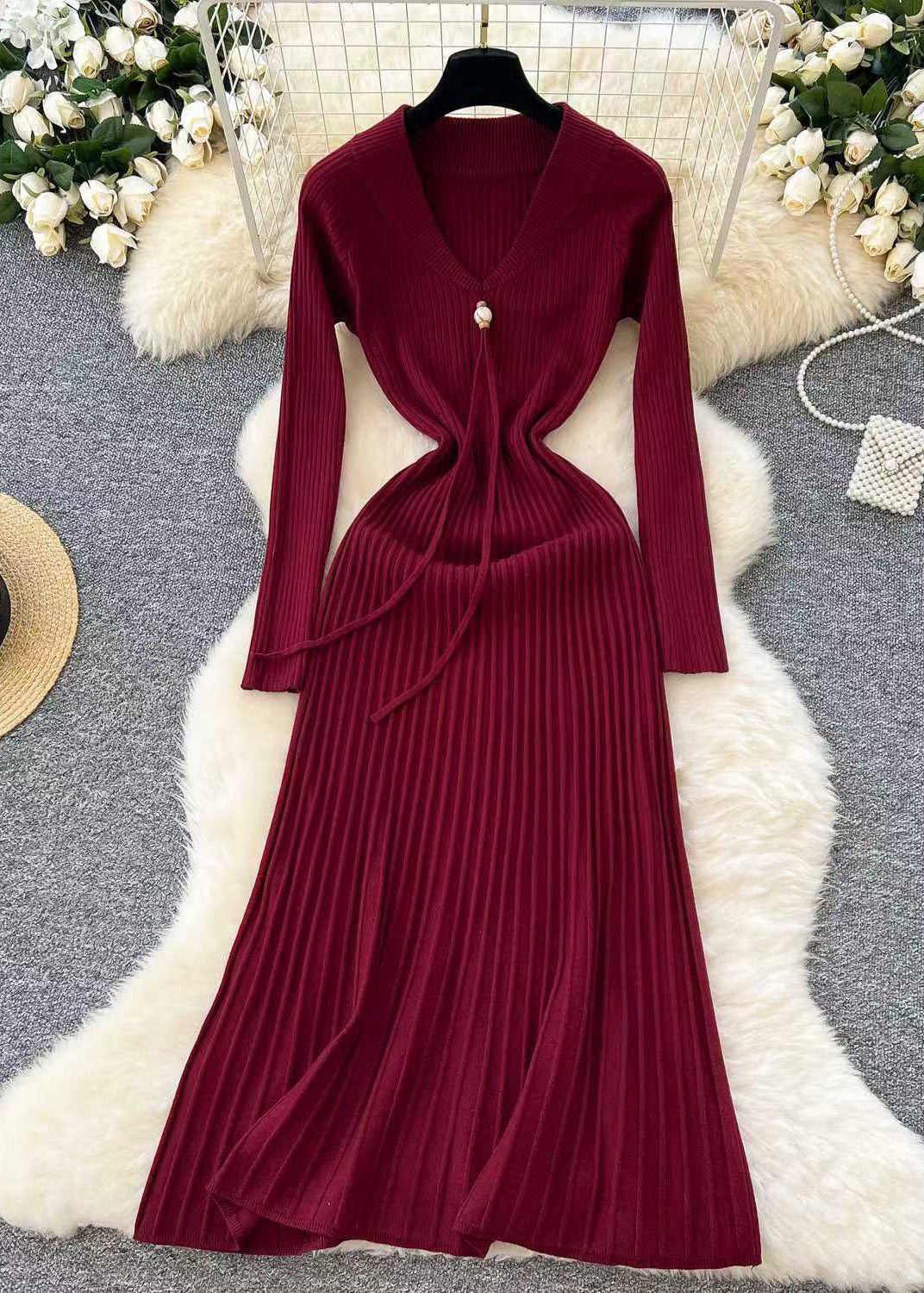 Loose Wine Red V Neck Solid Knit Long Dress Winter