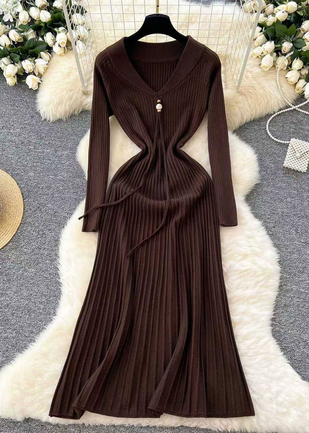 Loose Wine Red V Neck Solid Knit Long Dress Winter