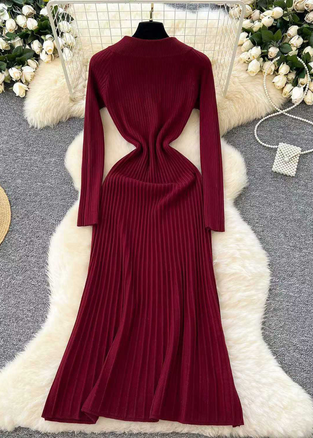 Loose Wine Red V Neck Solid Knit Long Dress Winter