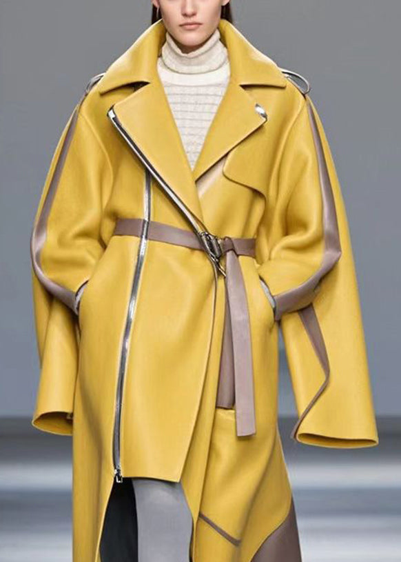 Loose Yellow Asymmetrical Patchwork Faux Leather Coat Fall