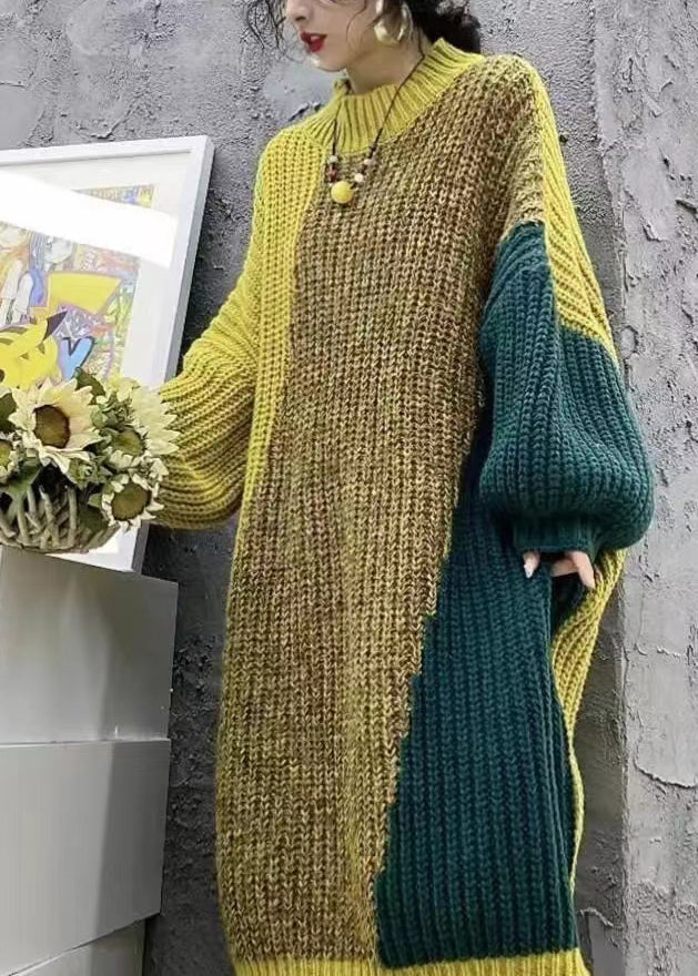 Loose Yellow O Neck Cozy Patchwork Knit Sweater Dress Winter