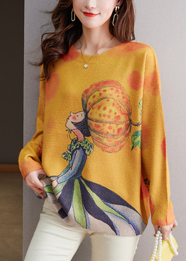 Loose Yellow O Neck Print Woolen Knitted Tops Spring