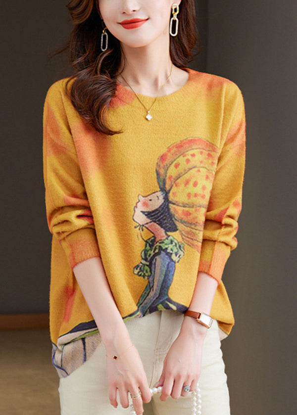 Loose Yellow O Neck Print Woolen Knitted Tops Spring