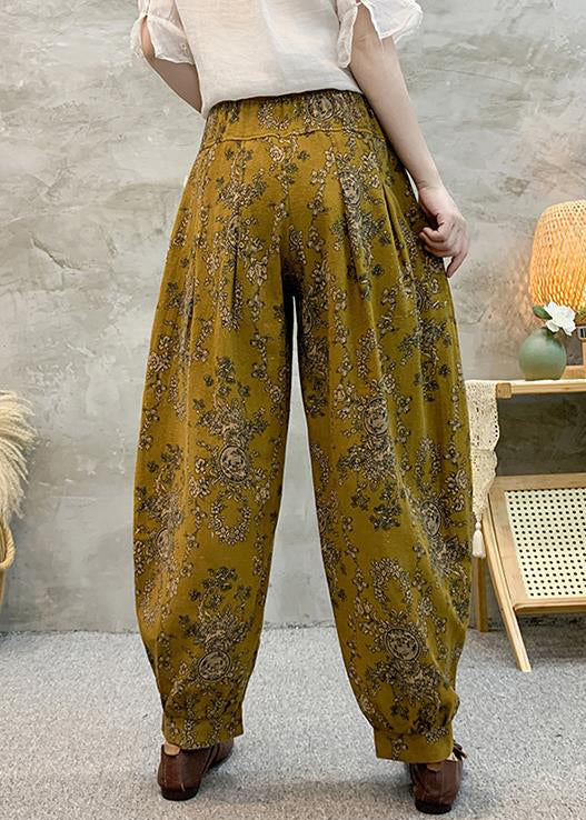 Loose Yellow Print Pockets Cotton Crop Pants Summer