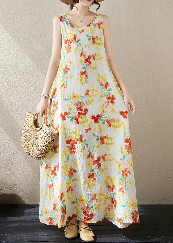 Loose Yellow Print Pockets Cotton Long Dress Sleeveless