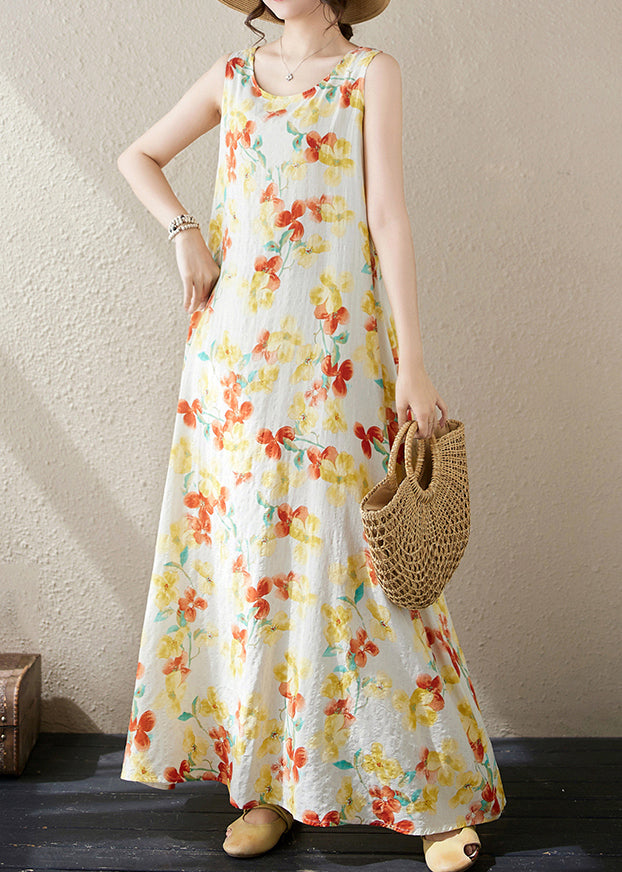 Loose Yellow Print Pockets Cotton Long Dress Sleeveless