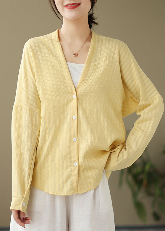 Loose Yellow V Neck Button Patchwork Cotton Shirts Coat Fall