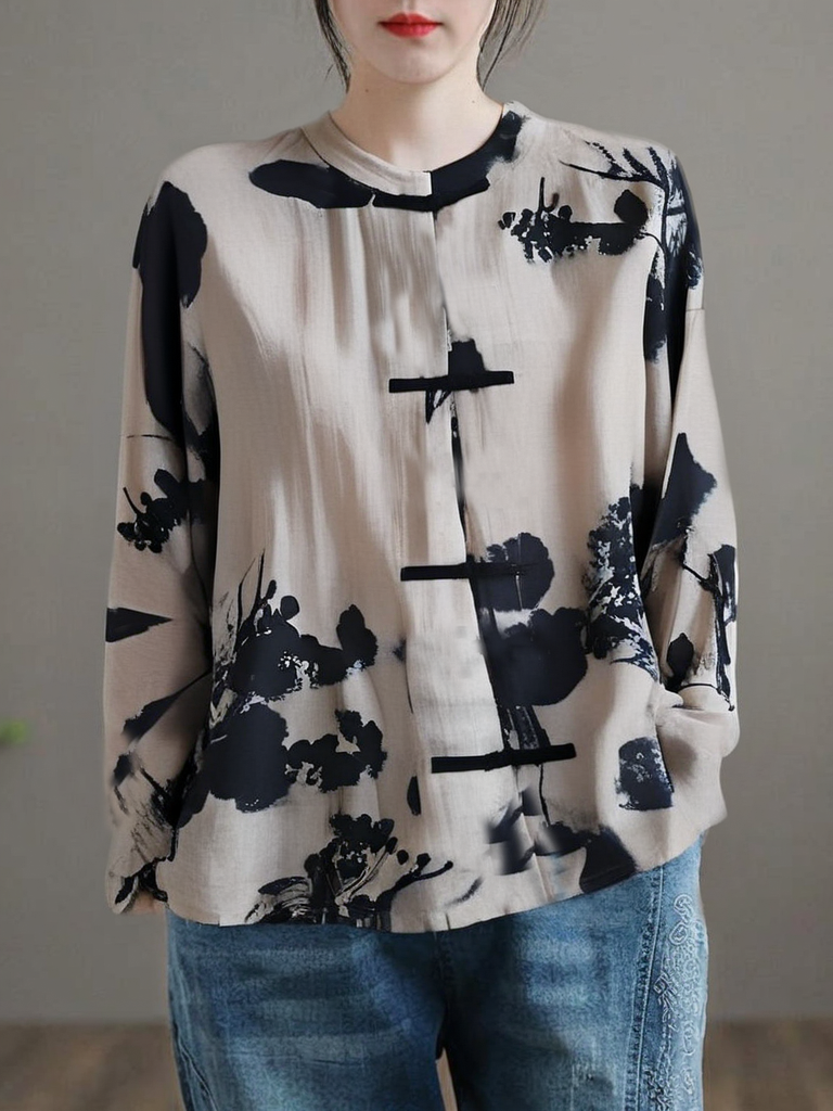 Grace Black Print Button Cotton Shirt Long Sleeve