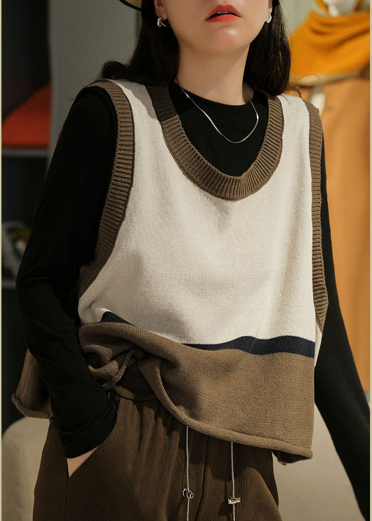 Modern Apricot O-Neck Colorblock Knit Vests Winter