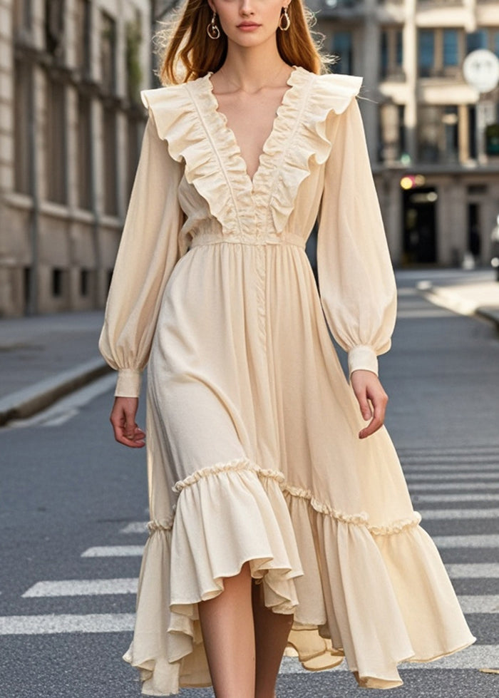 Modern Apricot Ruffles Silm Fit Cotton Long Dress Fall