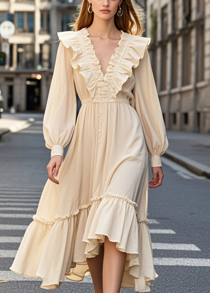 Modern Apricot Ruffles Silm Fit Cotton Long Dress Fall