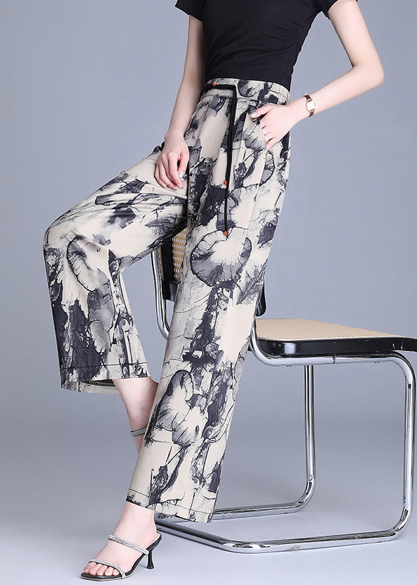 Modern Apricot Tasseled Print Silk Straight Pants Summer