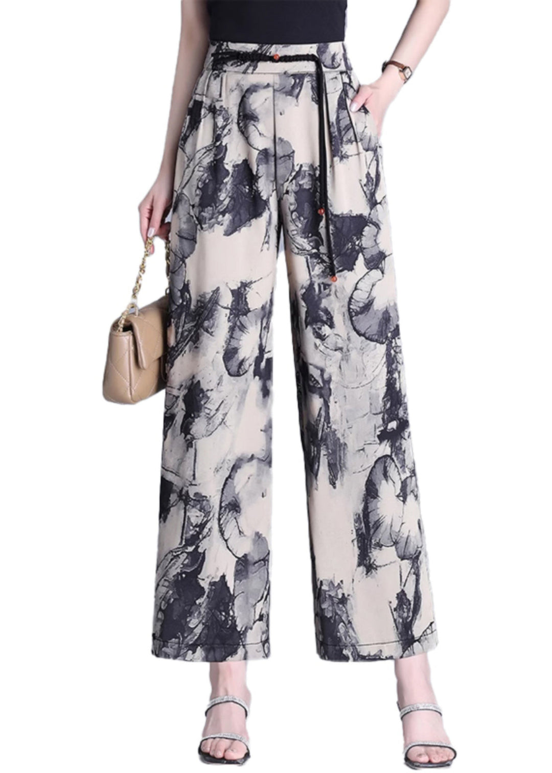 Modern Apricot Tasseled Print Silk Straight Pants Summer