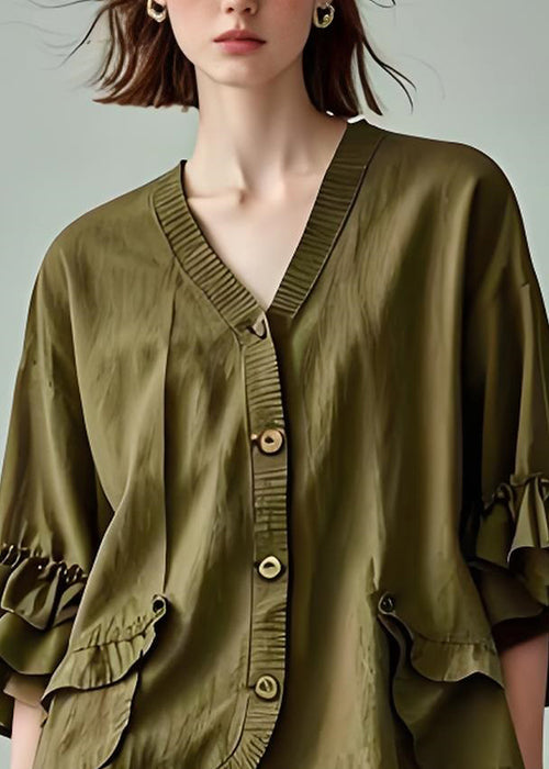 Modern Army Green V Neck Button Patchwork Cotton Coats Petal Sleeve