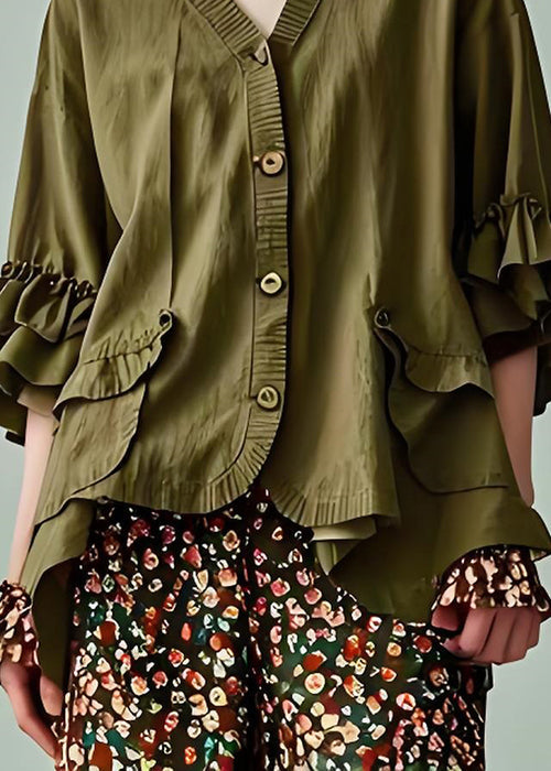 Modern Army Green V Neck Button Patchwork Cotton Coats Petal Sleeve