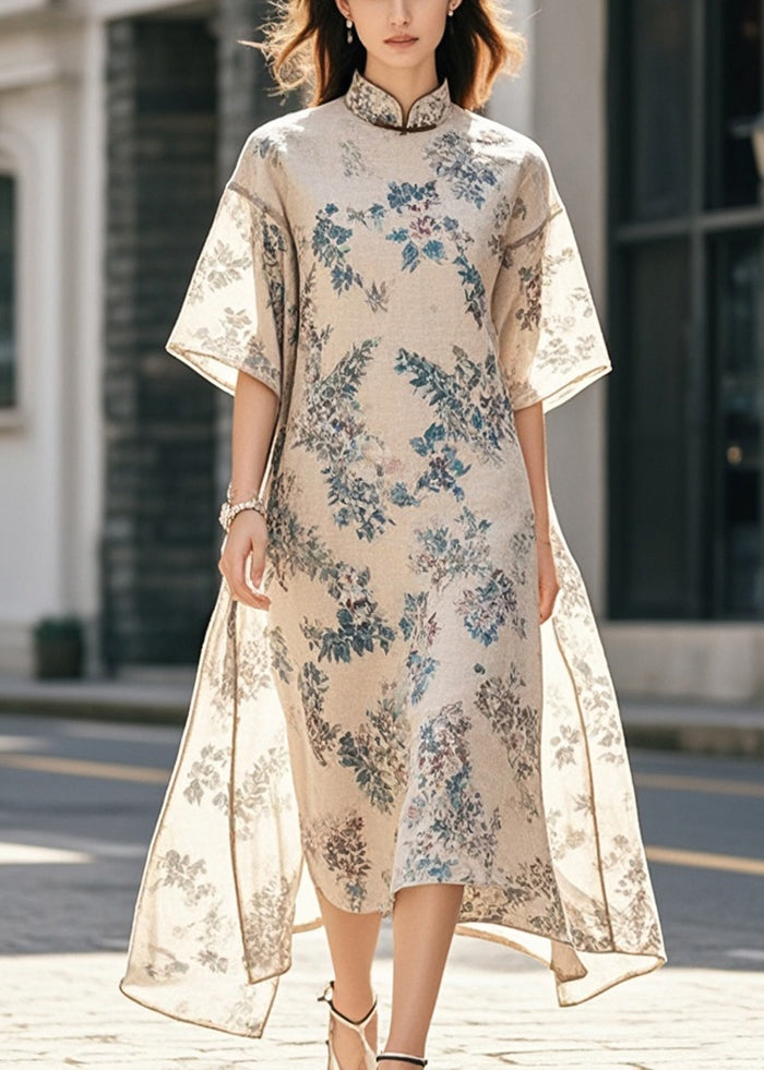 Modern Beige Mandarin Collar Print Cotton Long Dress Summer