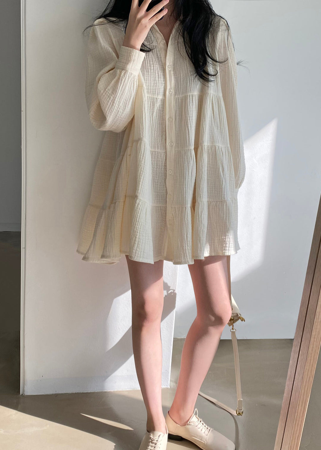 Modern Beige Oversized Wrinkled Cotton Shirt Dresses Spring